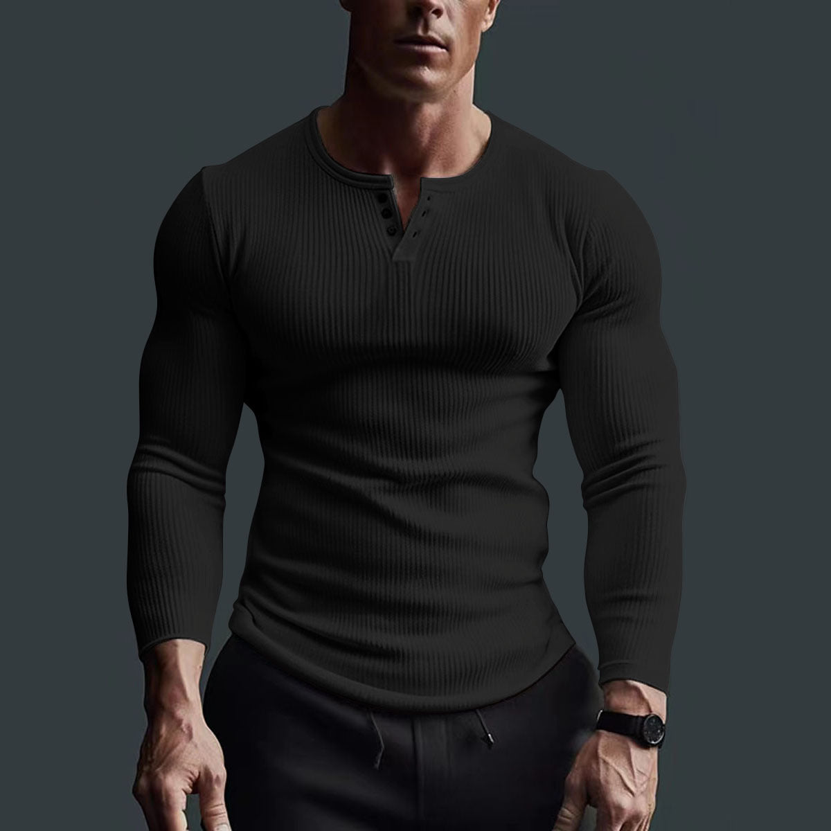 Gebreid Henley Herren Shirt – Komfortables Stretchshirt mit Halber Knopfleiste