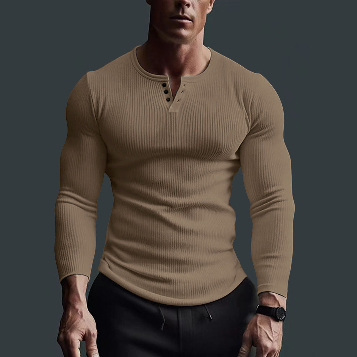 Gebreid Henley Herren Shirt – Komfortables Stretchshirt mit Halber Knopfleiste