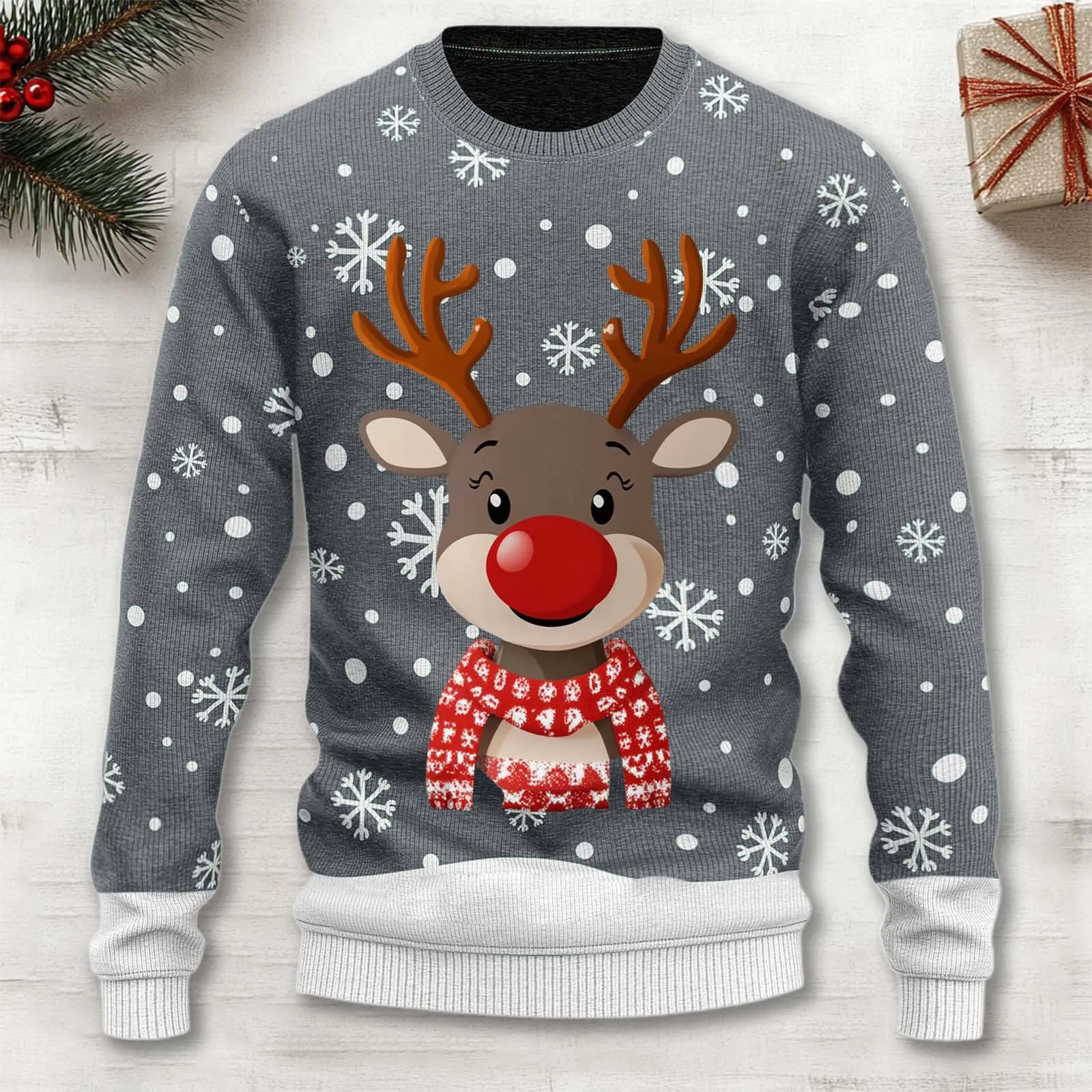 Herren Weihnachts Rentierpullover – Warmer Strickpullover mit Schneeflockenmuster