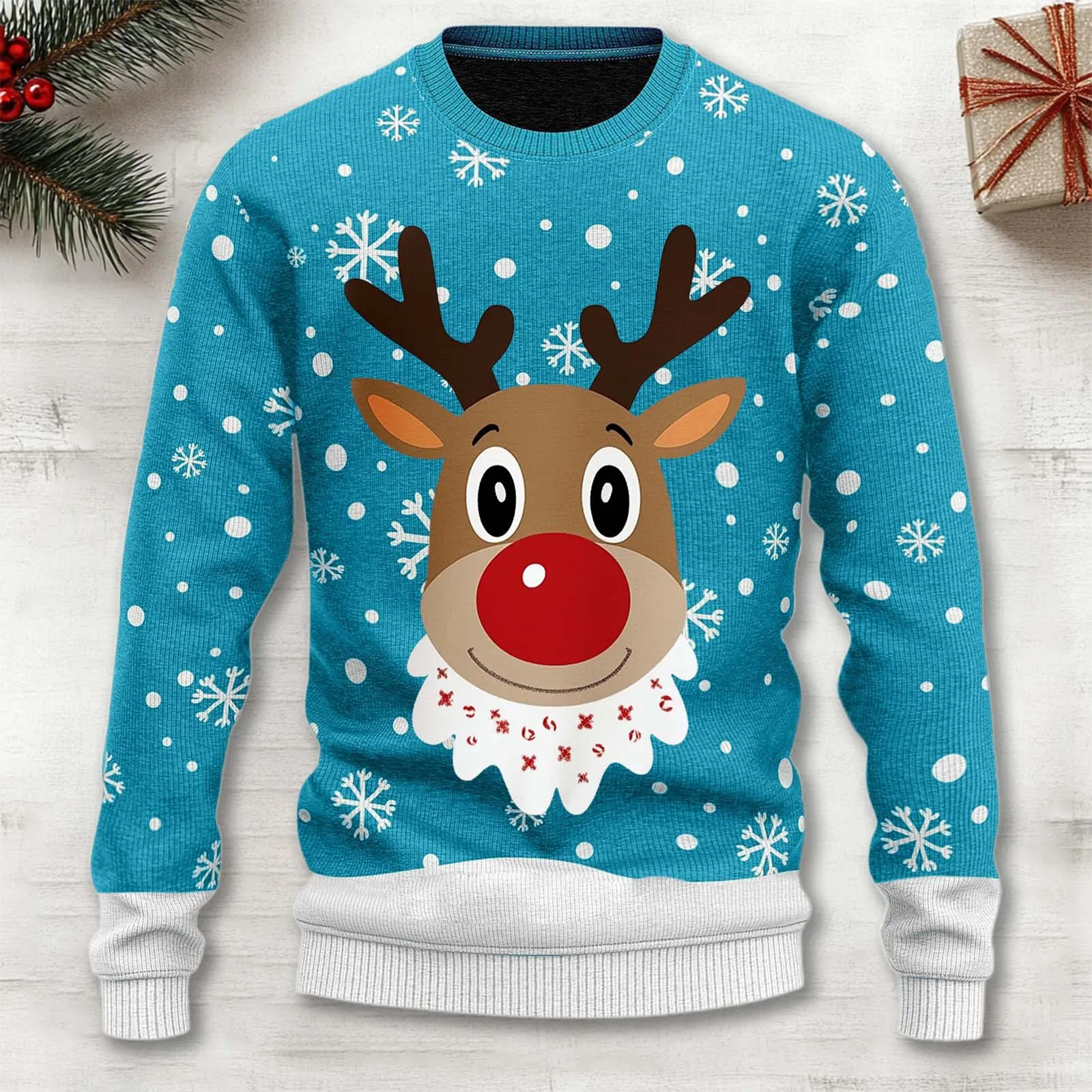 Herren Weihnachts Rentierpullover – Warmer Strickpullover mit Schneeflockenmuster