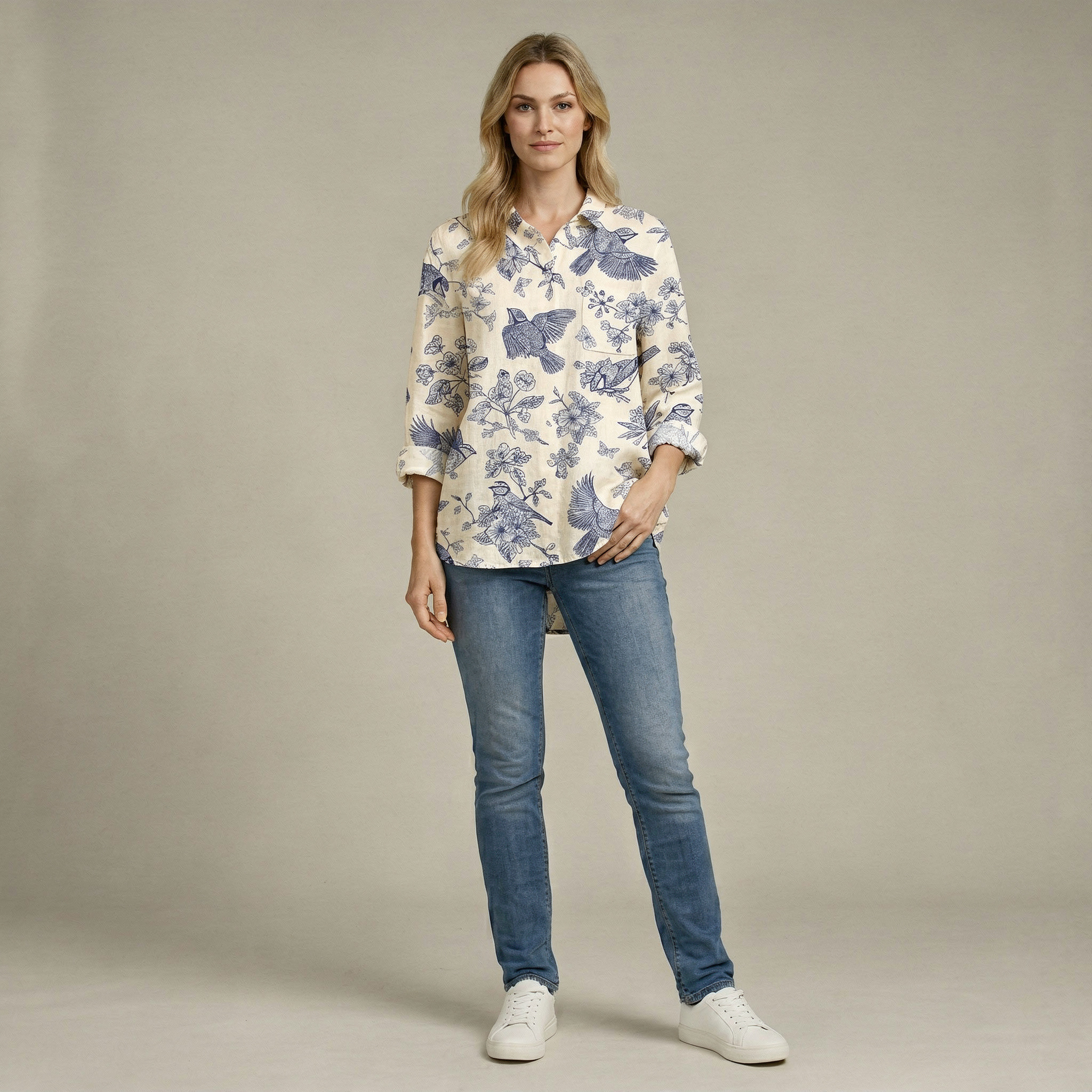 Mary | Bluse aus Baumwolle und Leinen mit Blumendruck