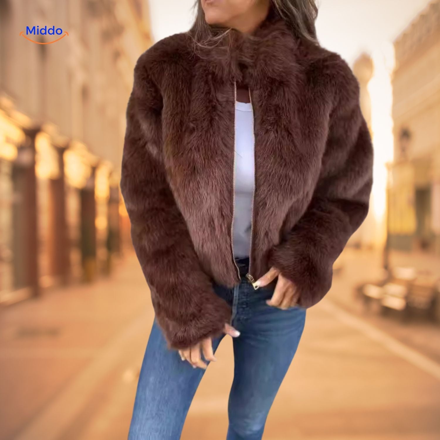 FurLux Elegante Jacke | Stilvoller Kunstpelz mit hohem Kragen für jeden Anlass