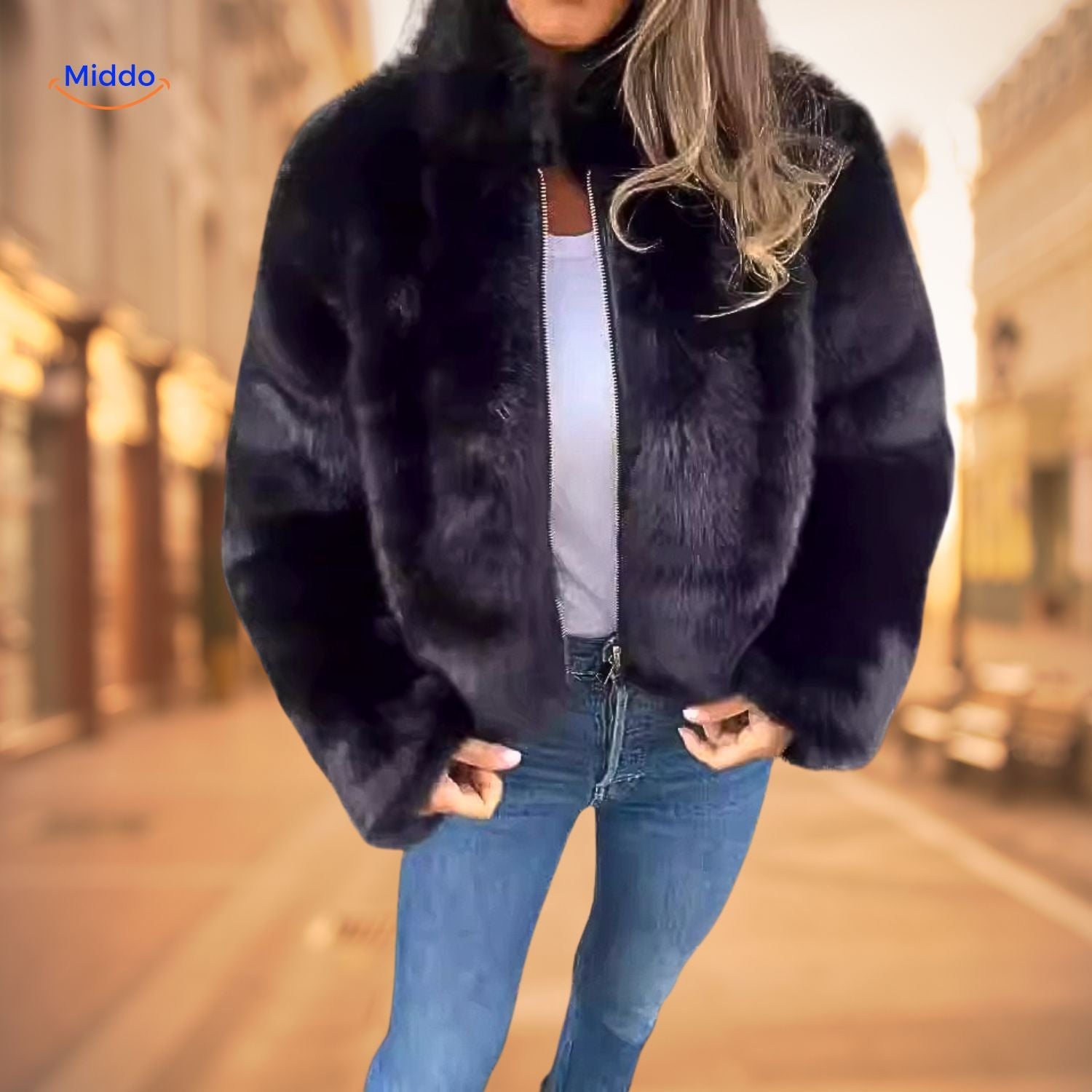 FurLux Elegante Jacke | Stilvoller Kunstpelz mit hohem Kragen für jeden Anlass
