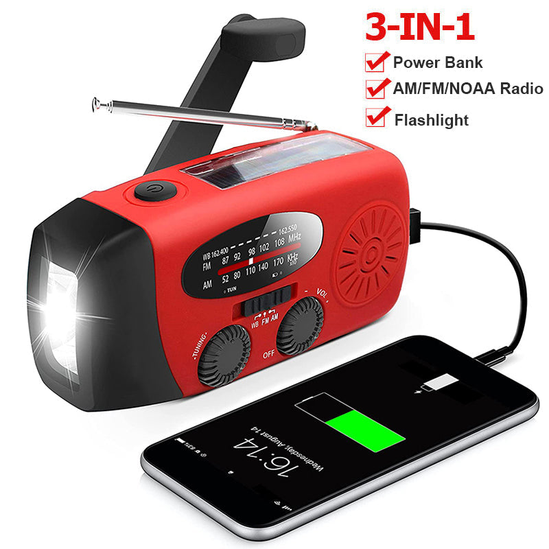 Selbstbetriebsfähiges Notradio – Handkurbel, Solar, Taschenlampe & Powerbank – FM/AM Radio, Unentbehrlich für Katastrophen und Notfälle