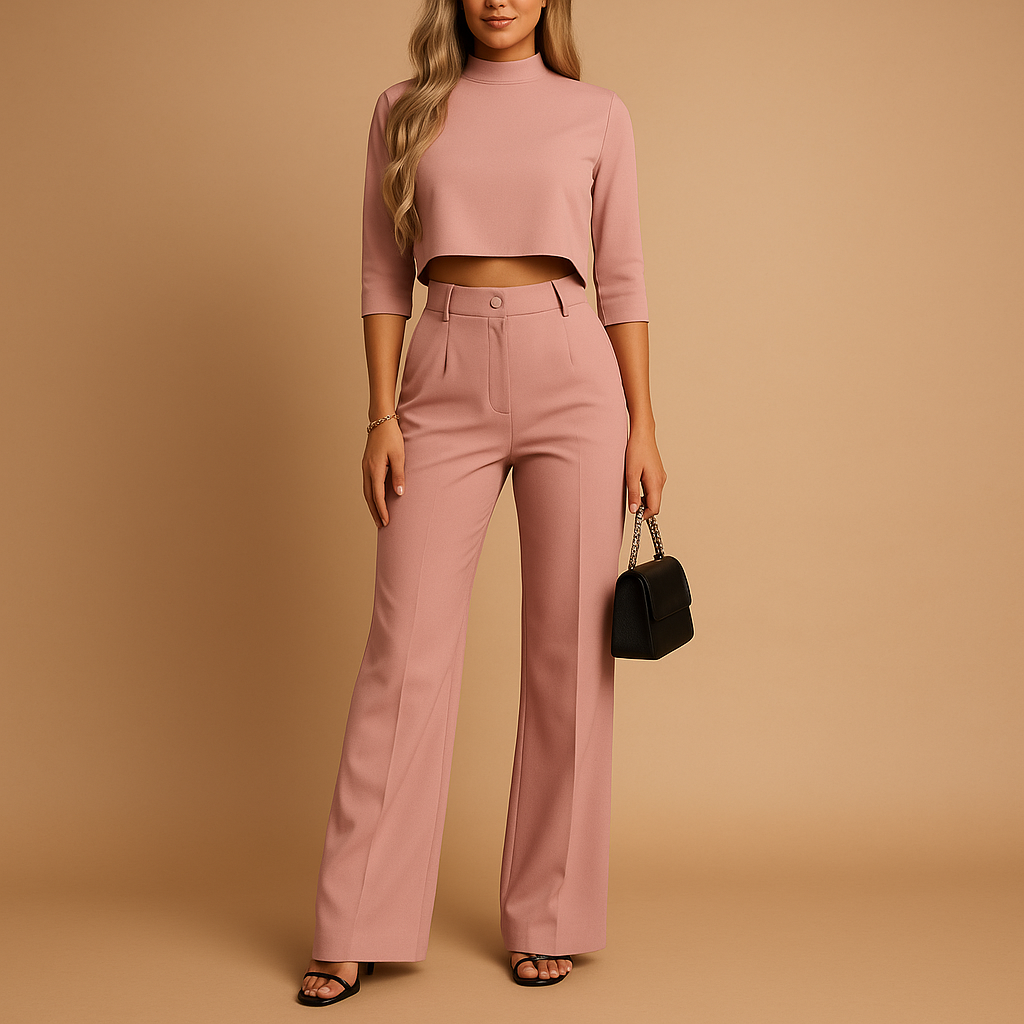 Herbstlicht Zweiteiliges Damen Set – Cropped Top und Taillierte Hose mit Elastischem Bund