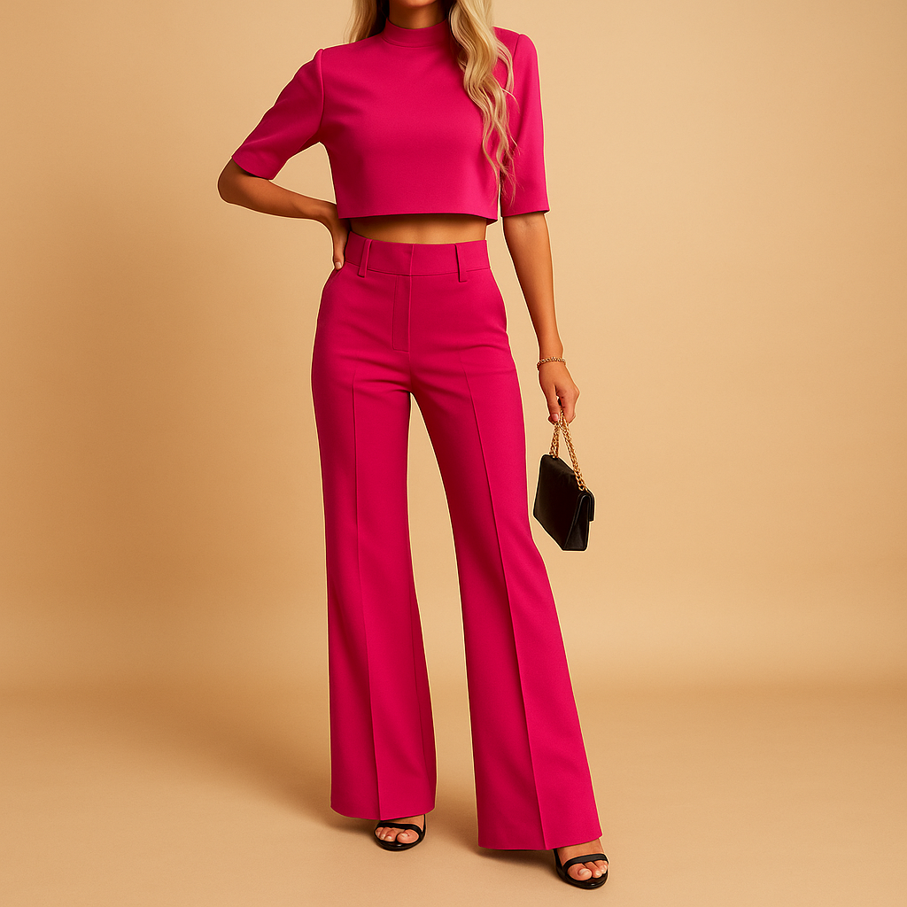 Herbstlicht Zweiteiliges Damen Set – Cropped Top und Taillierte Hose mit Elastischem Bund