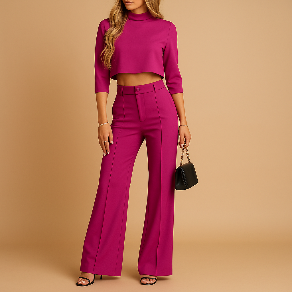 Herbstlicht Zweiteiliges Damen Set – Cropped Top und Taillierte Hose mit Elastischem Bund