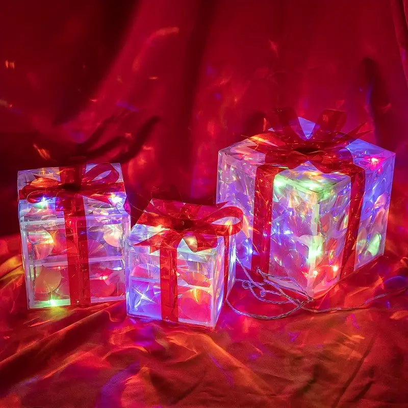 LED Weihnachtsgeschenkbeleuchtung – Set aus 3 beleuchteten Geschenkboxen für Innen & Außen