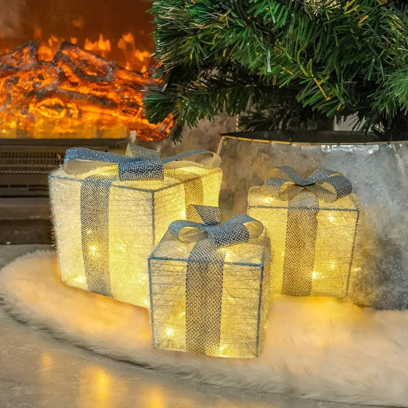 LED Weihnachtsgeschenkbeleuchtung – Set aus 3 beleuchteten Geschenkboxen für Innen & Außen