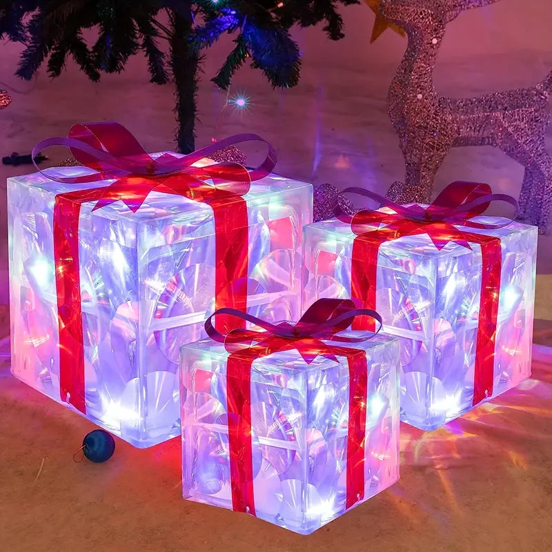 LED Weihnachtsgeschenkbeleuchtung – Set aus 3 beleuchteten Geschenkboxen für Innen & Außen