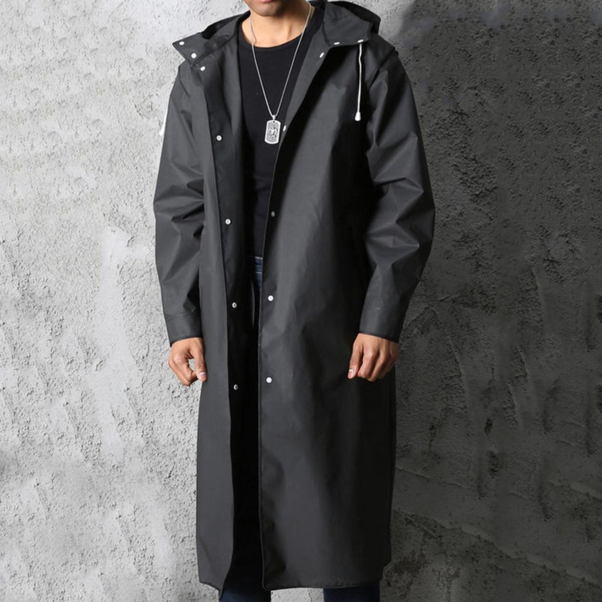 Lange Wasserdichte Herren Regenjacke mit Kapuze – Herbstlicher Titan