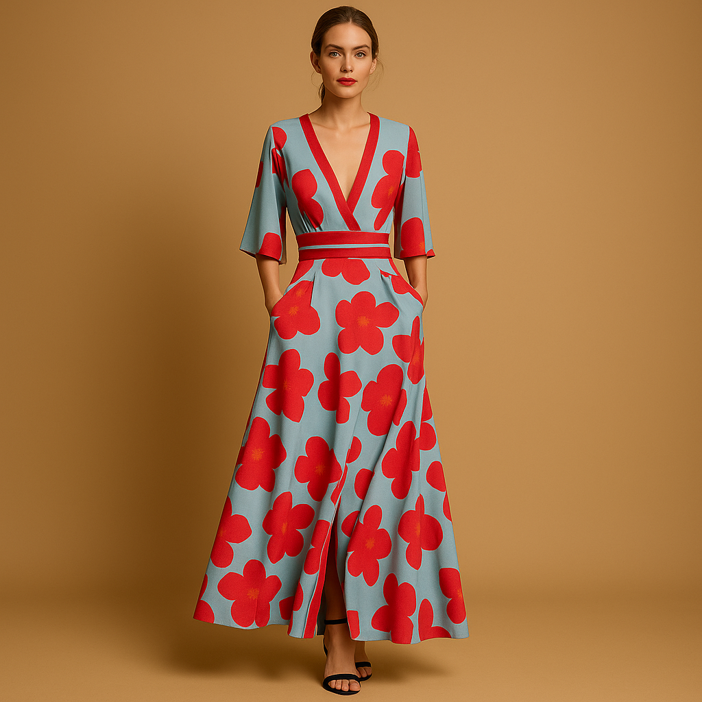 Fleurina Lange Blumen Kleid mit V-Ausschnitt und Taschen – Sommerlich und Elegant