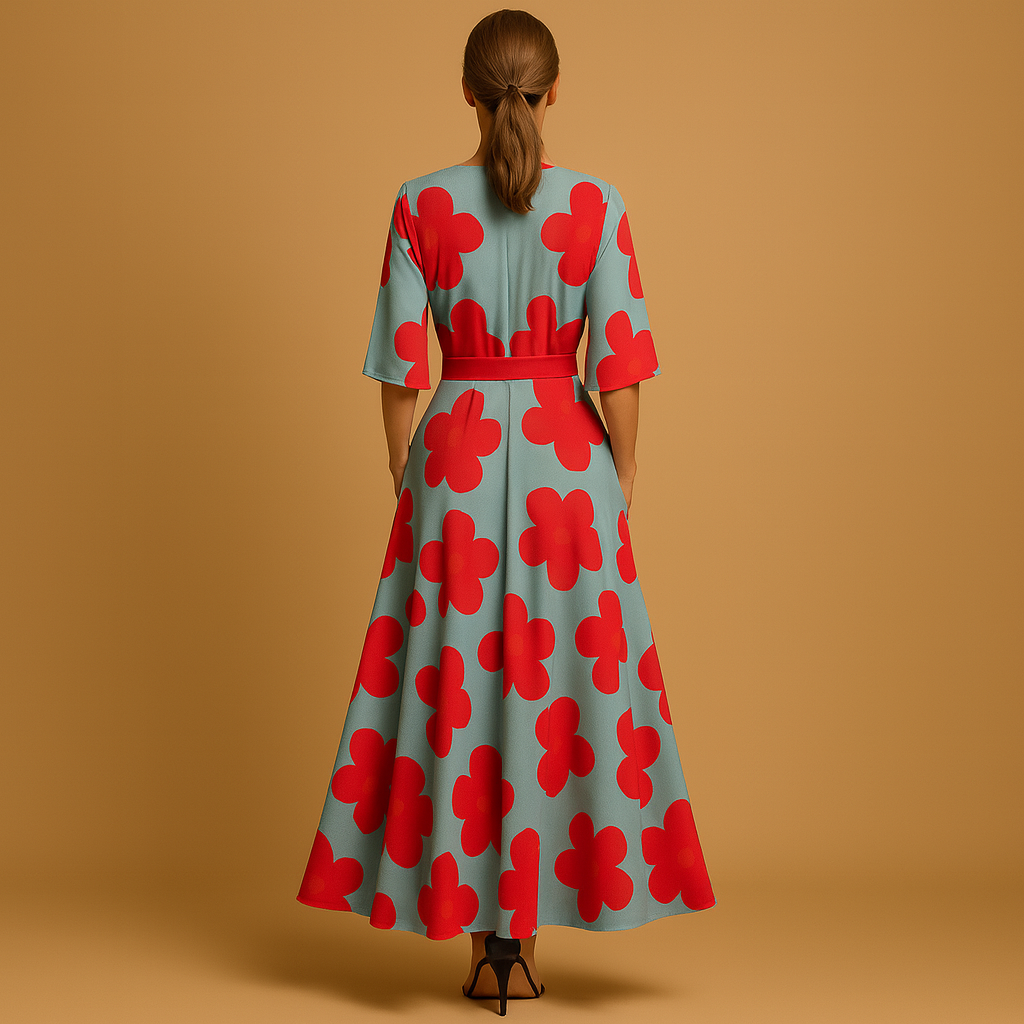 Fleurina Lange Blumen Kleid mit V-Ausschnitt und Taschen – Sommerlich und Elegant
