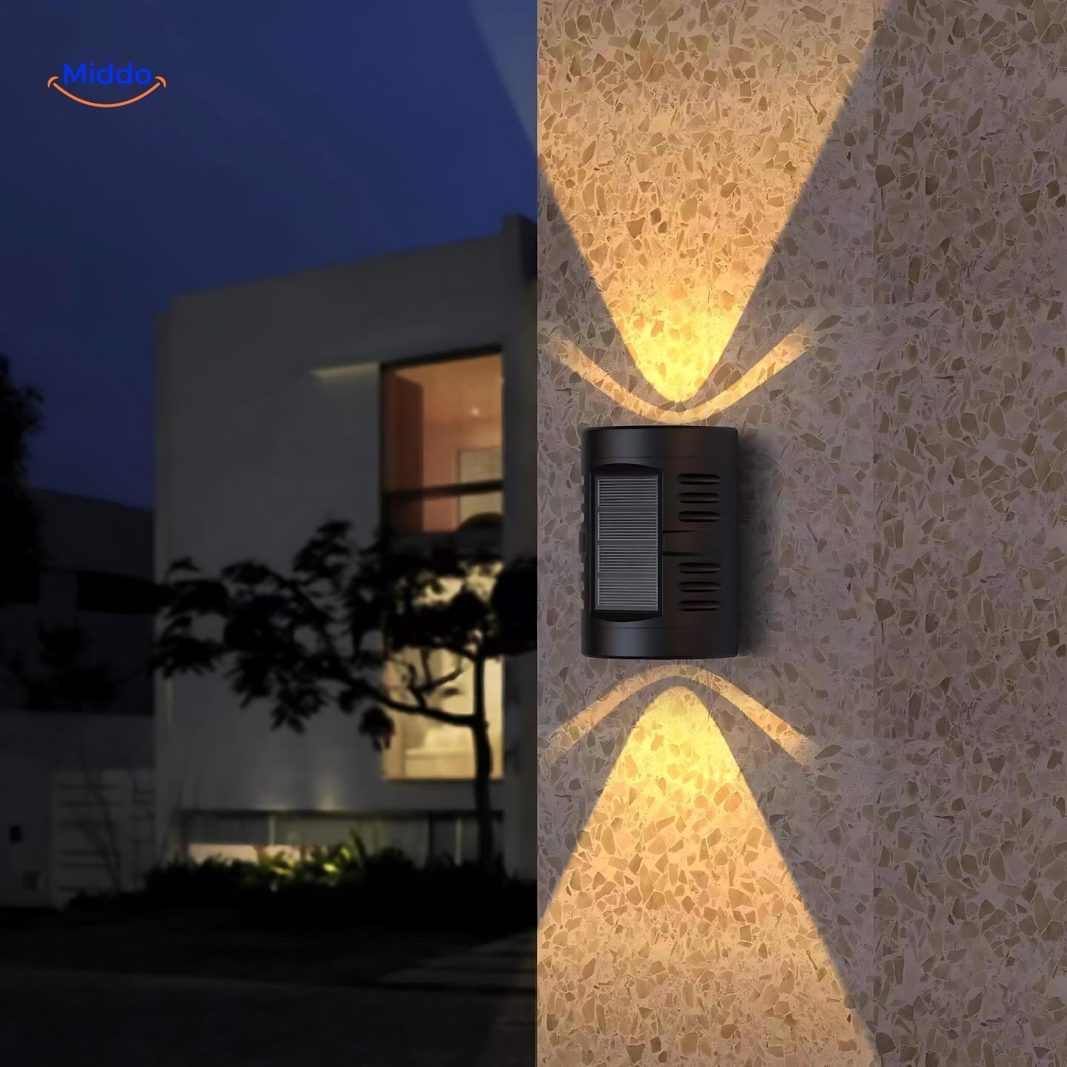 LumiGlow Solar-Wandlampe | Wasserdichte LED mit Doppelkopf für stilvolle Außendekoration