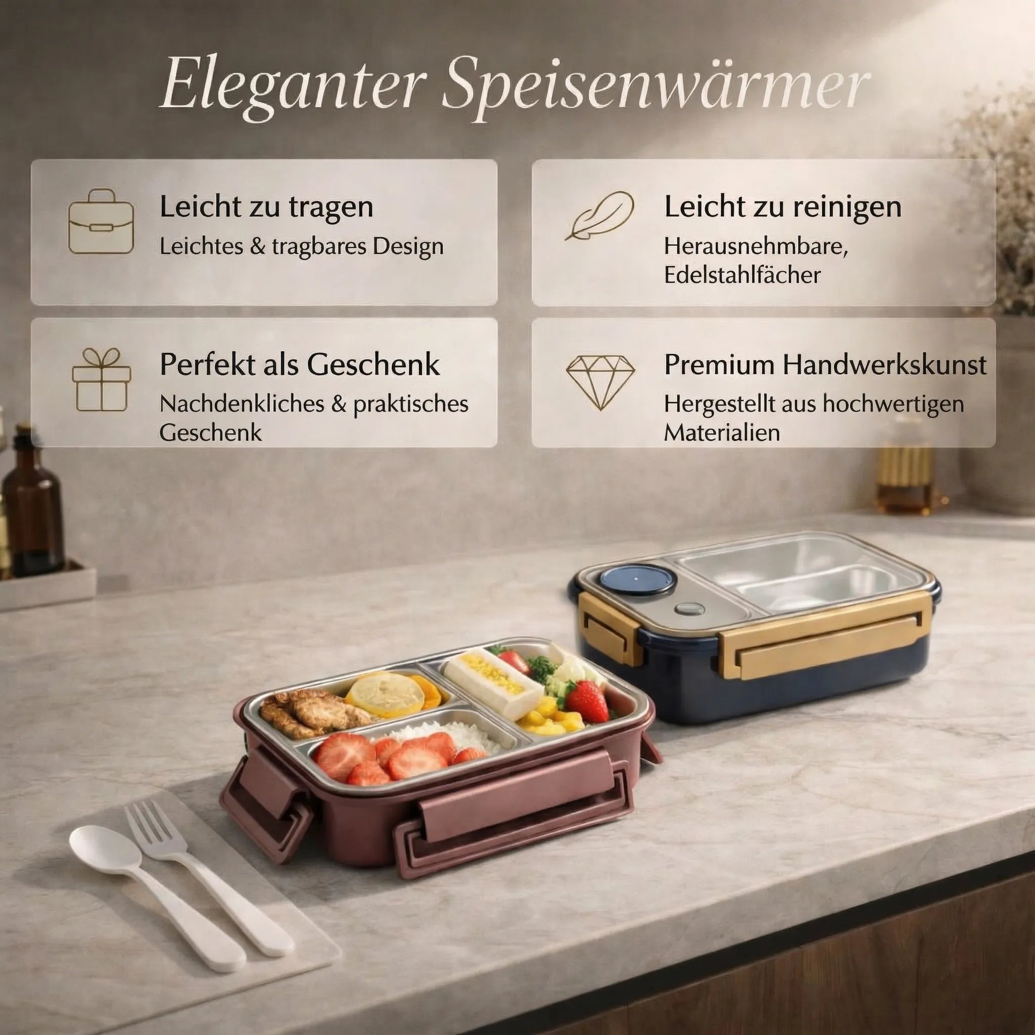 Lunchbox | Thermobehälter für Essen | Brotdose mit Fächern aus Edelstahl | Wärmecontainer | Esskraft