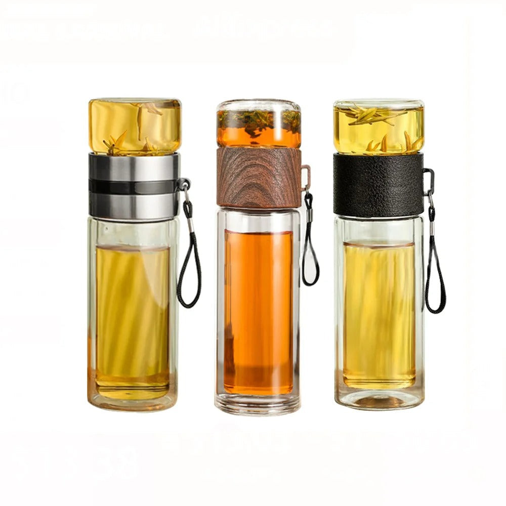 WoodGlass Thermo – Durchsichtige Tragbare Warmhaltflasche mit Teefilter für Gesunde Getränke Unterwegs