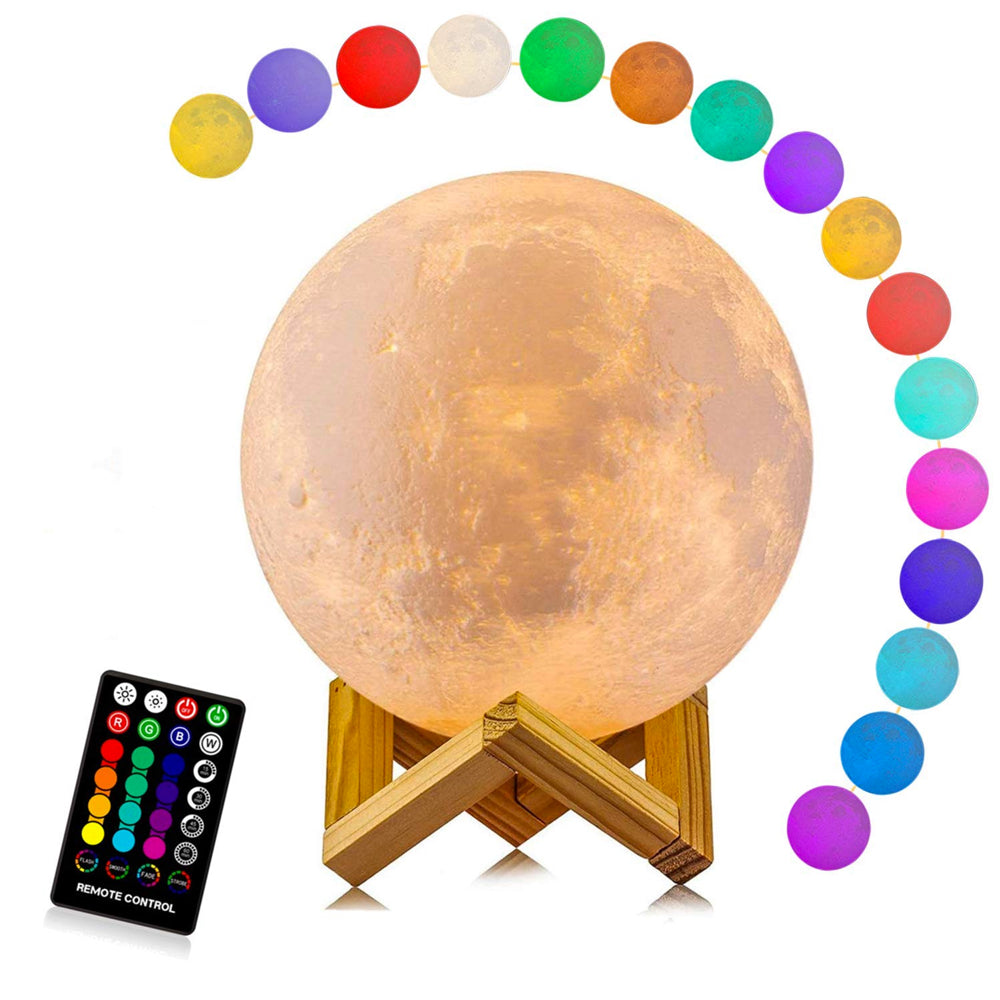 LunarGlow - 16 Farben Mondlampe mit Fernbedienung und Holzständer für Schlafkomfort und Atmosphäre