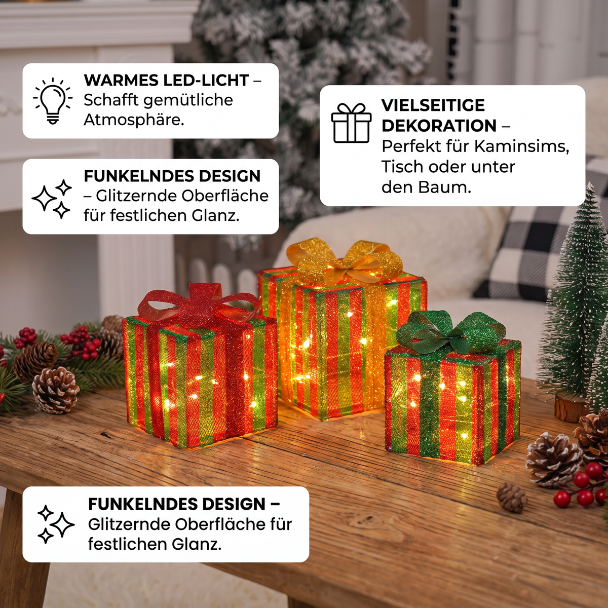 LED Weihnachtsbeleuchtung in Geschenkboxen – Beleuchtetes Weihnachtsdekorationsset
