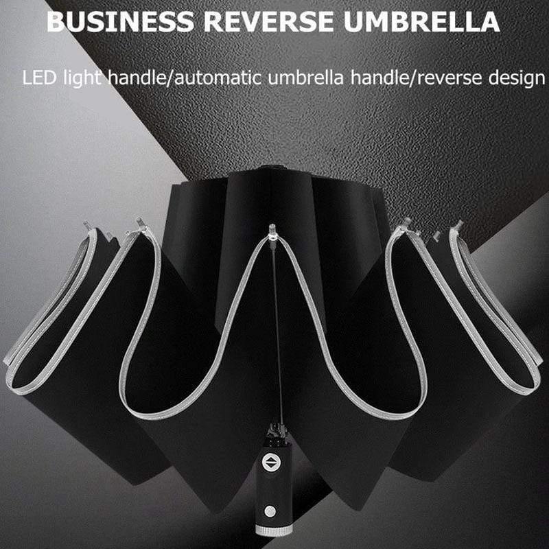 Automatischer Regenschirm mit reflektierendem Streifen, umgekehrter LED-Licht-Regenschirm, dreifach faltbar, invertiert, 10 Rippen, winddichte Regenschirme für Reisen