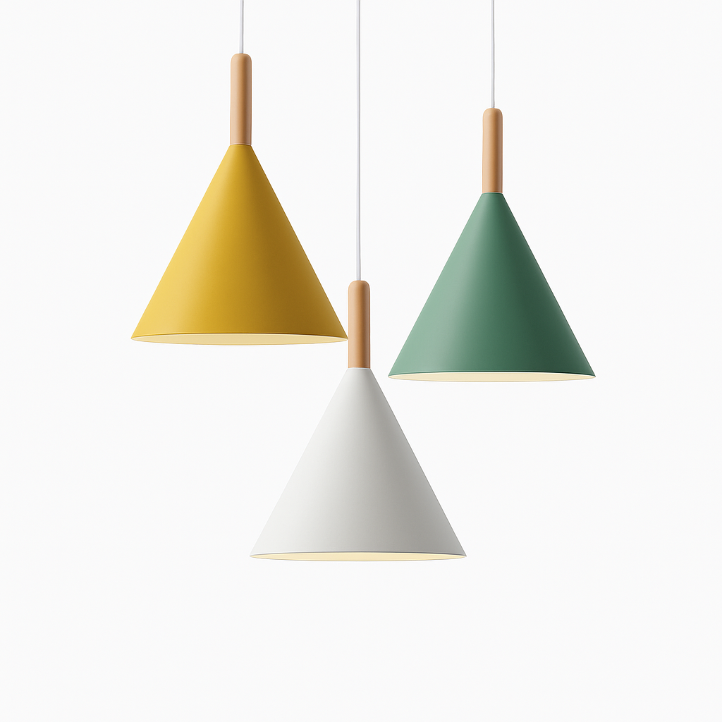 Farbige konische Metallpendelleuchte mit Holzstange Bar