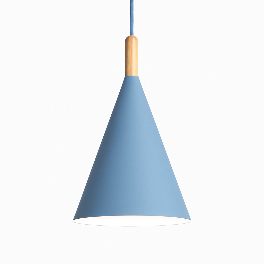 Farbige konische Metallpendelleuchte mit Holzstange Bar
