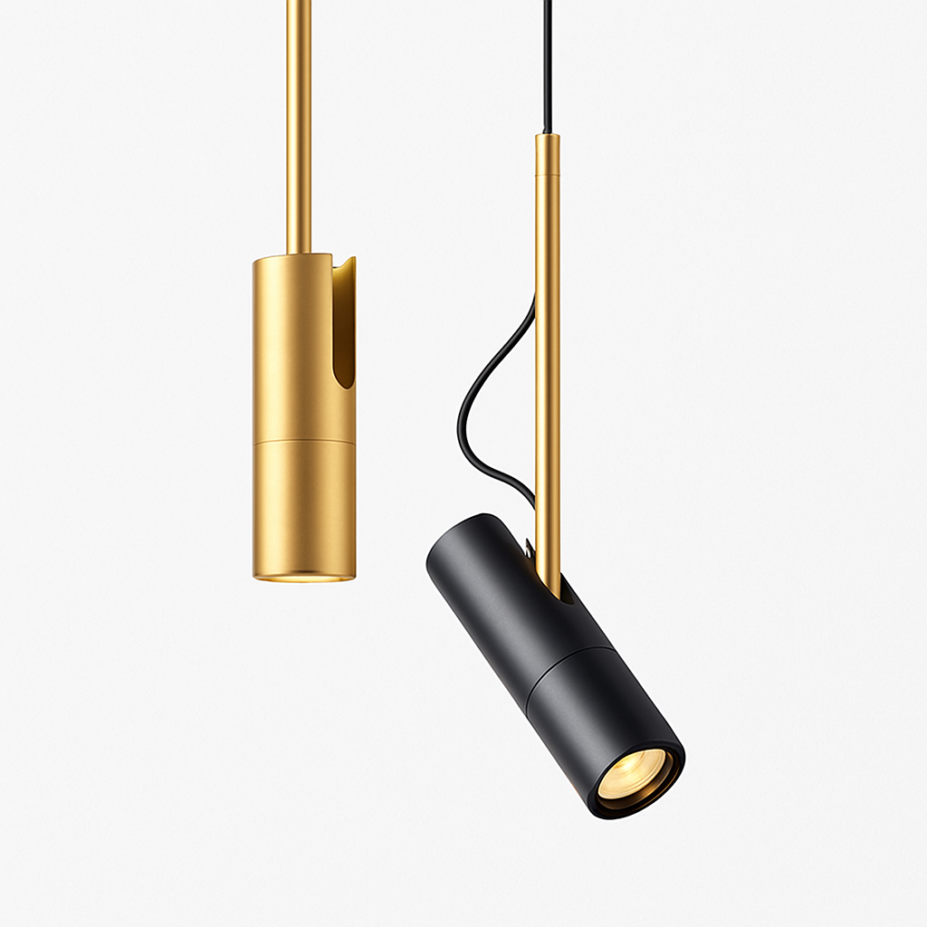 Design-Hängelampe mit schwenkbarem Spot und goldenem Stab