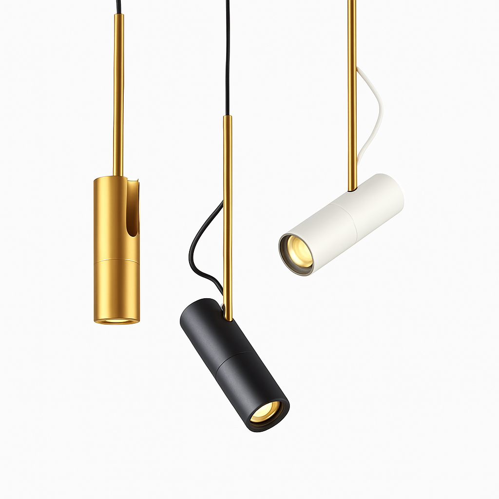 Design-Hängelampe mit schwenkbarem Spot und goldenem Stab
