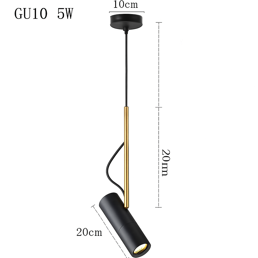 Design-Hängelampe mit schwenkbarem Spot und goldenem Stab