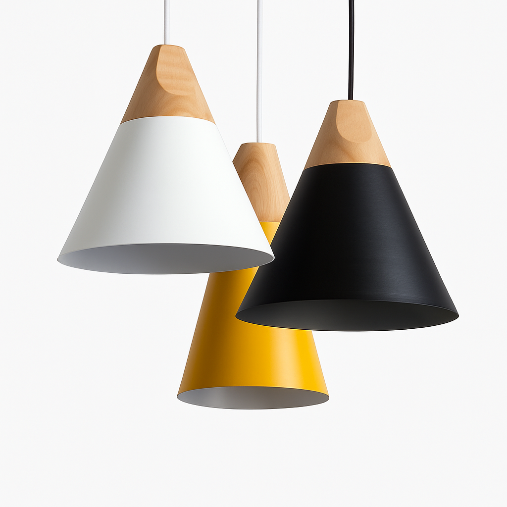 Pendelleuchte aus Holz und Aluminium in Kegelform