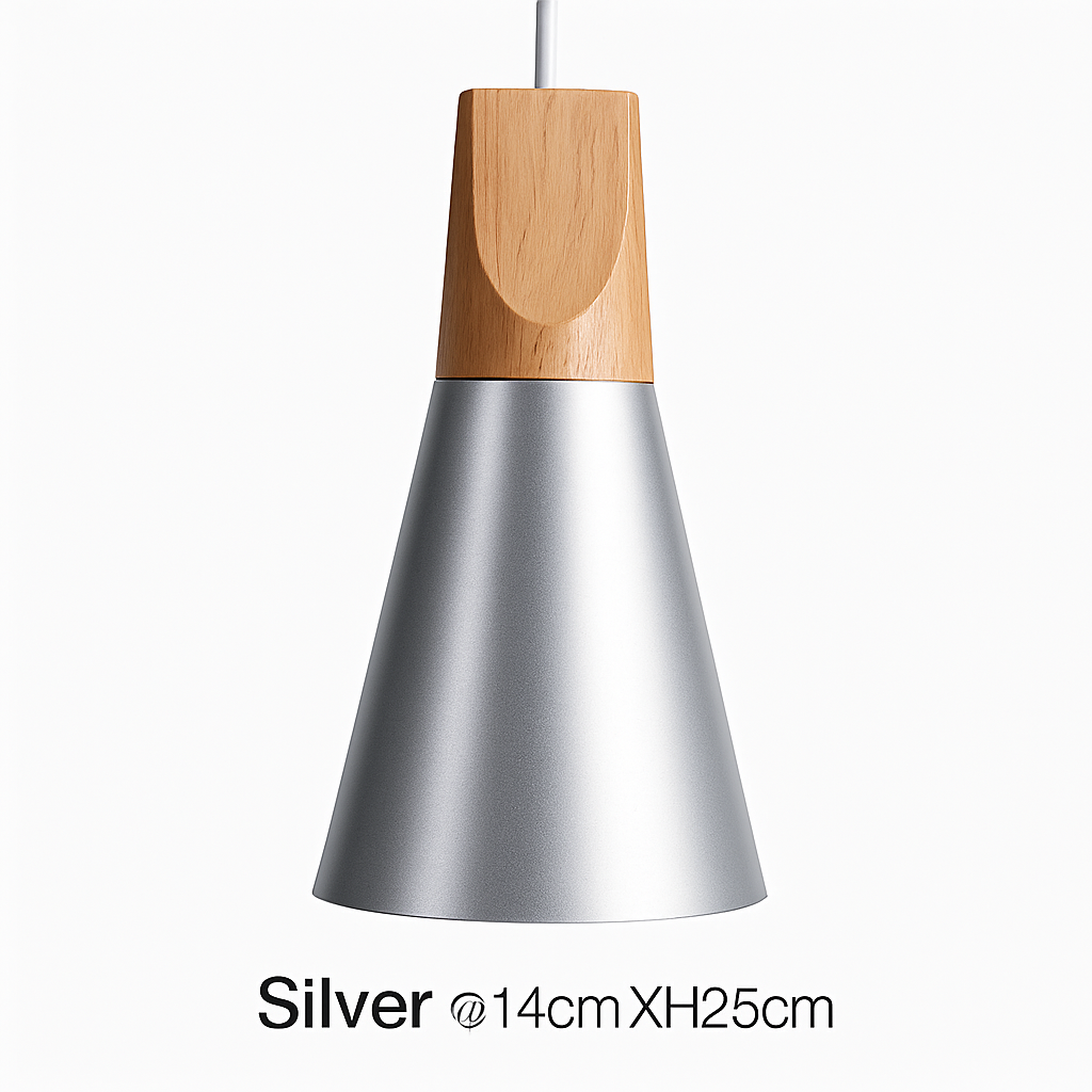 Pendelleuchte aus Holz und Aluminium in Kegelform