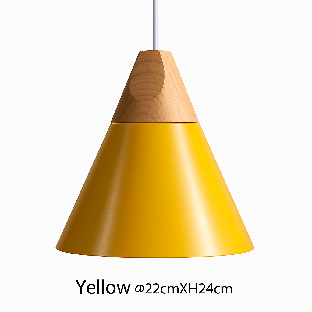 Pendelleuchte aus Holz und Aluminium in Kegelform