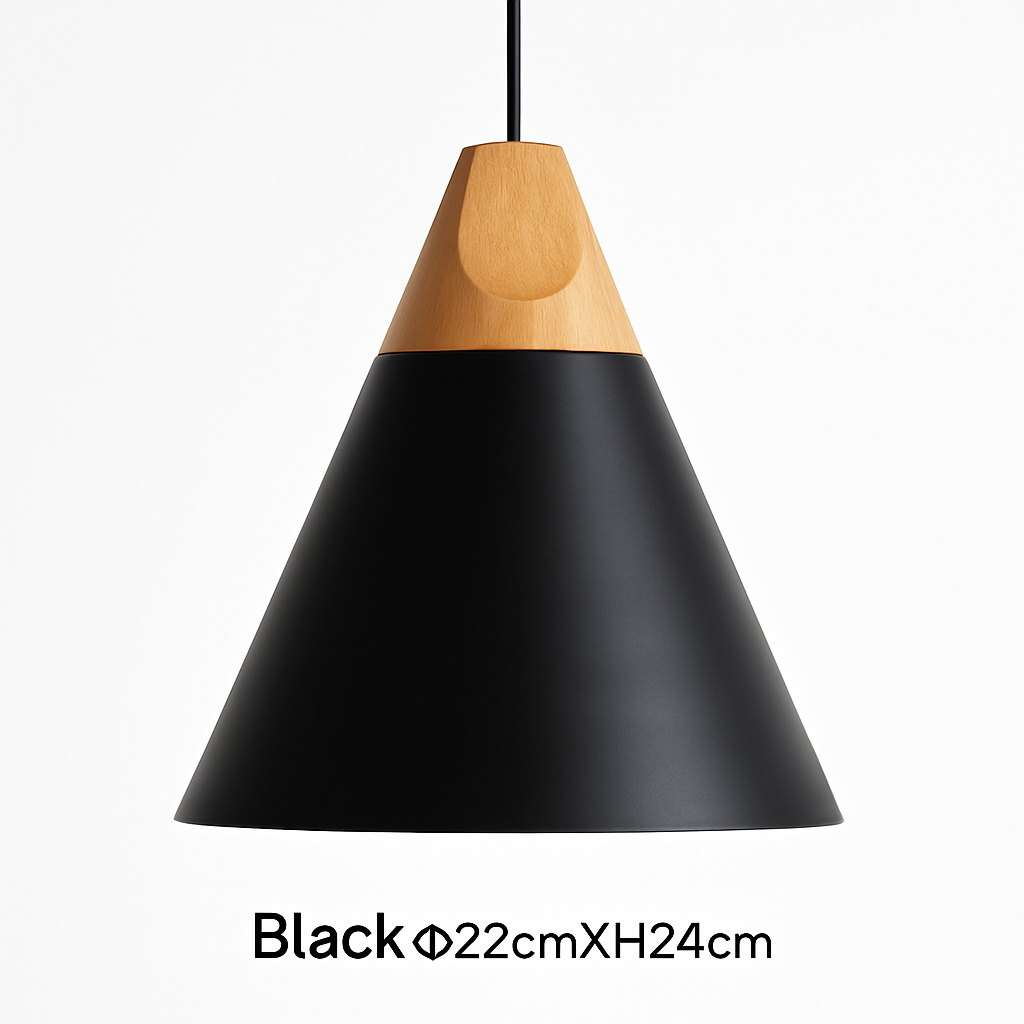 Pendelleuchte aus Holz und Aluminium in Kegelform