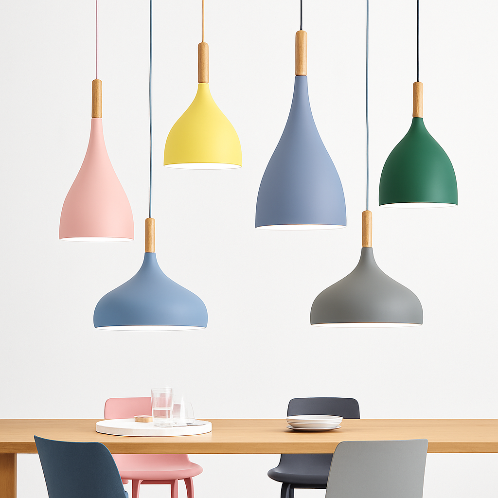 Farbige Metall-LED-Hängelampe und Holzstab im Nordic-Stil