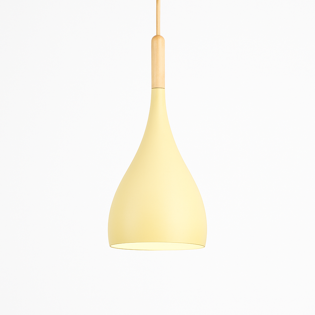 Farbige Metall-LED-Hängelampe und Holzstab im Nordic-Stil
