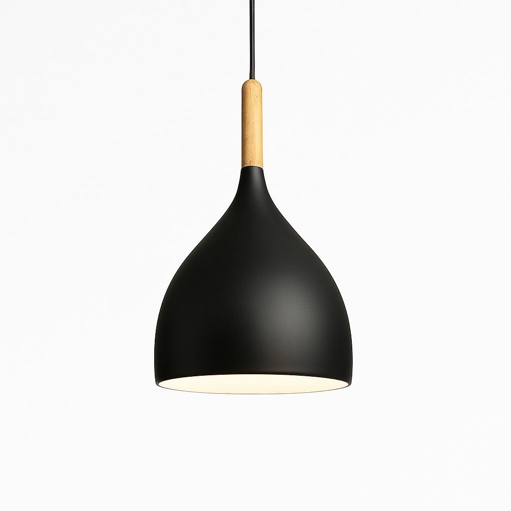 Farbige Metall-LED-Hängelampe und Holzstab im Nordic-Stil