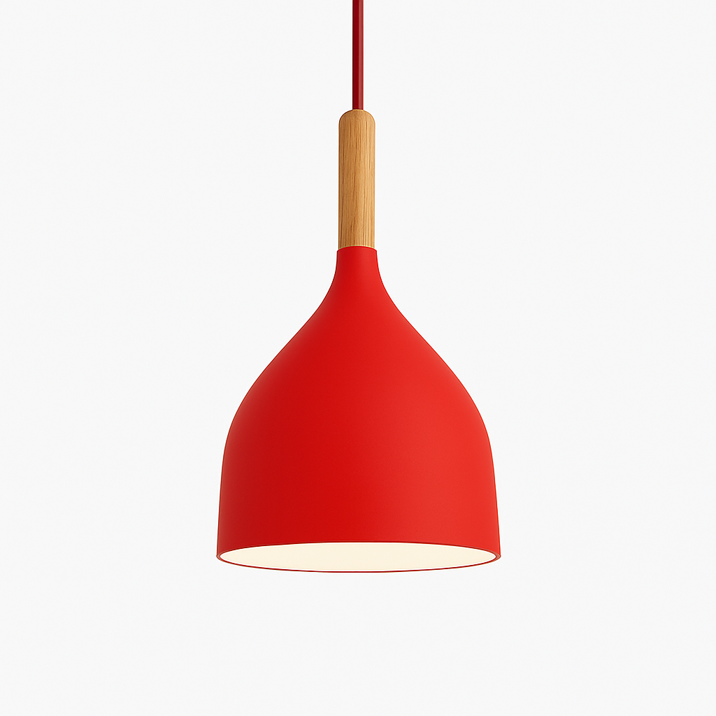 Farbige Metall-LED-Hängelampe und Holzstab im Nordic-Stil