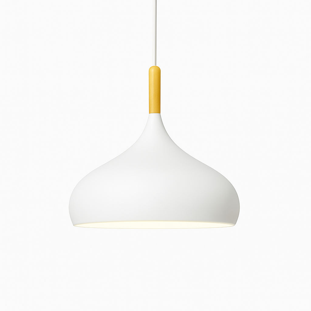 Farbige Metall-LED-Hängelampe und Holzstab im Nordic-Stil