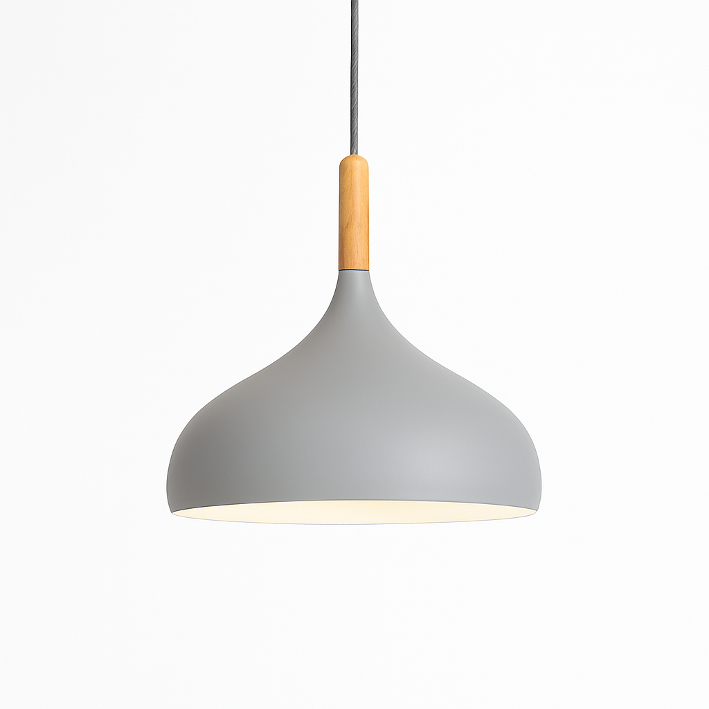 Farbige Metall-LED-Hängelampe und Holzstab im Nordic-Stil