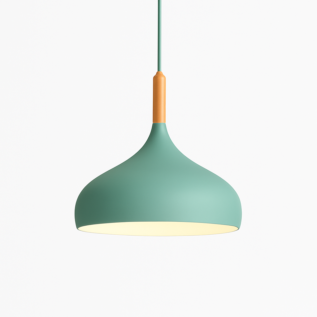 Farbige Metall-LED-Hängelampe und Holzstab im Nordic-Stil