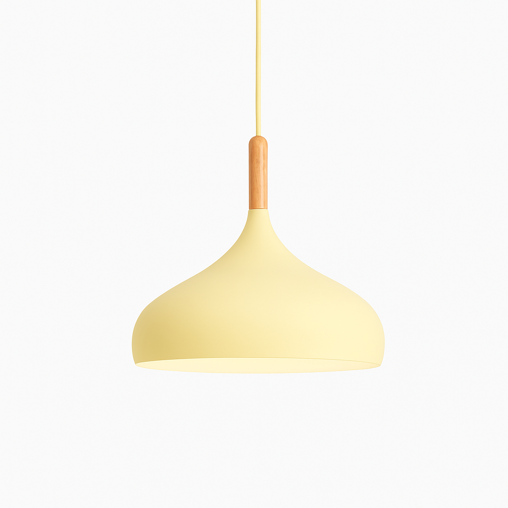 Farbige Metall-LED-Hängelampe und Holzstab im Nordic-Stil