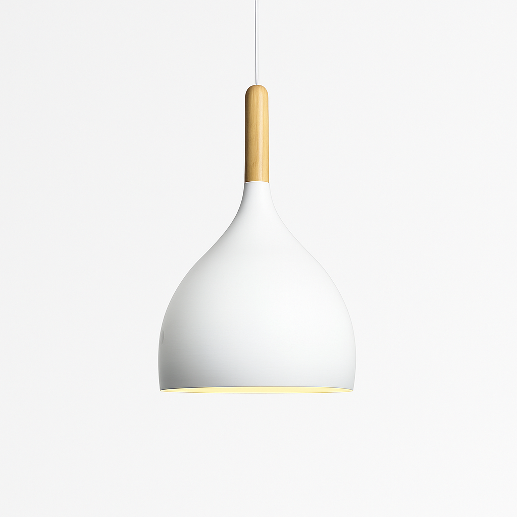 Farbige Metall-LED-Hängelampe und Holzstab im Nordic-Stil