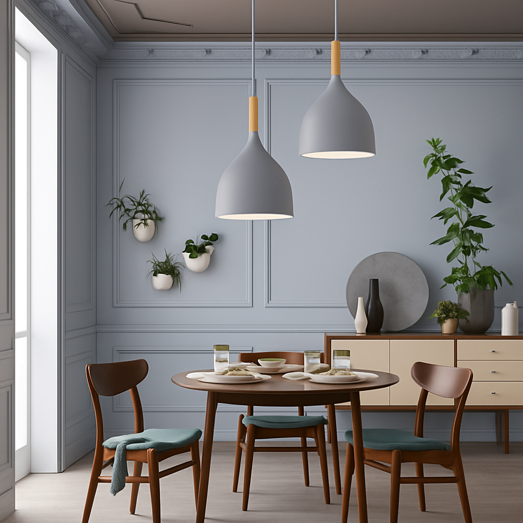 Farbige Metall-LED-Hängelampe und Holzstab im Nordic-Stil