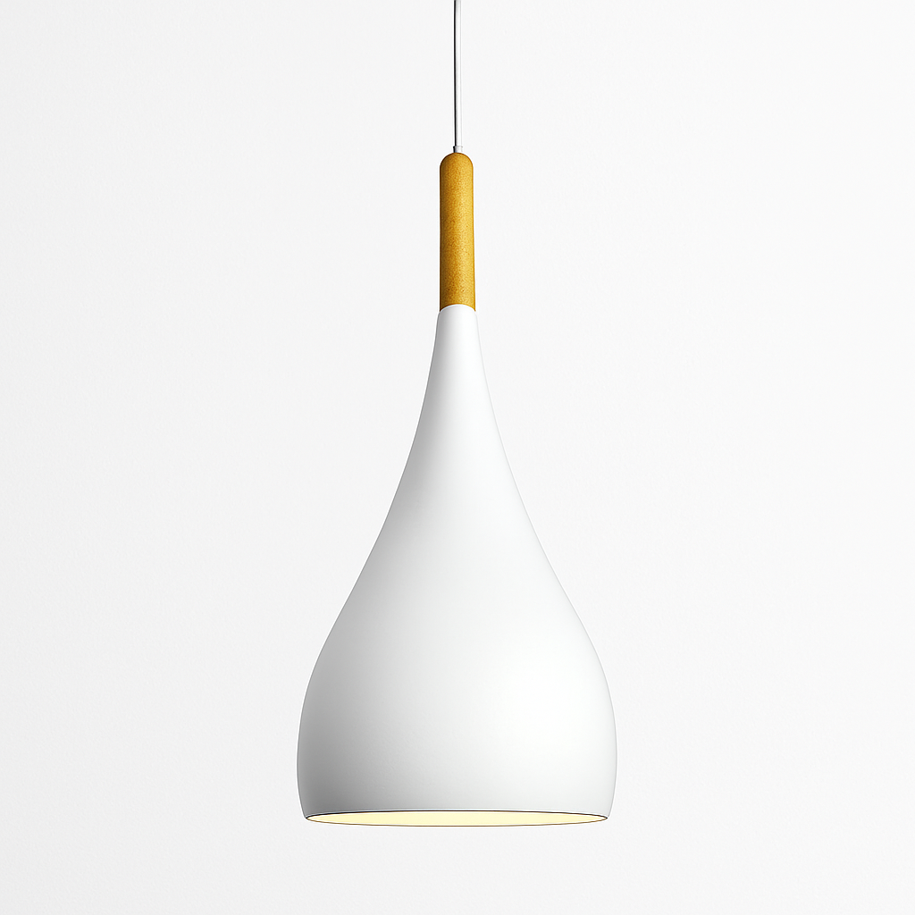 Farbige Metall-LED-Hängelampe und Holzstab im Nordic-Stil