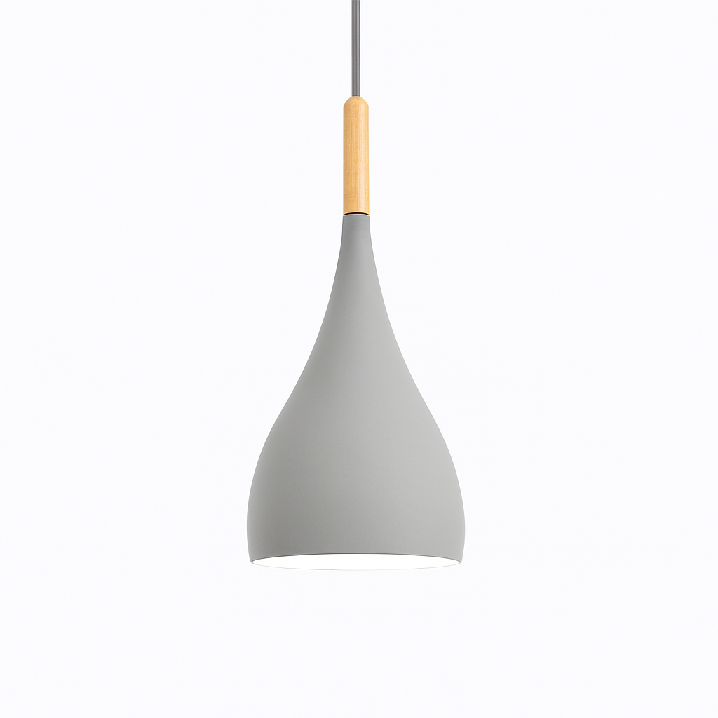 Farbige Metall-LED-Hängelampe und Holzstab im Nordic-Stil
