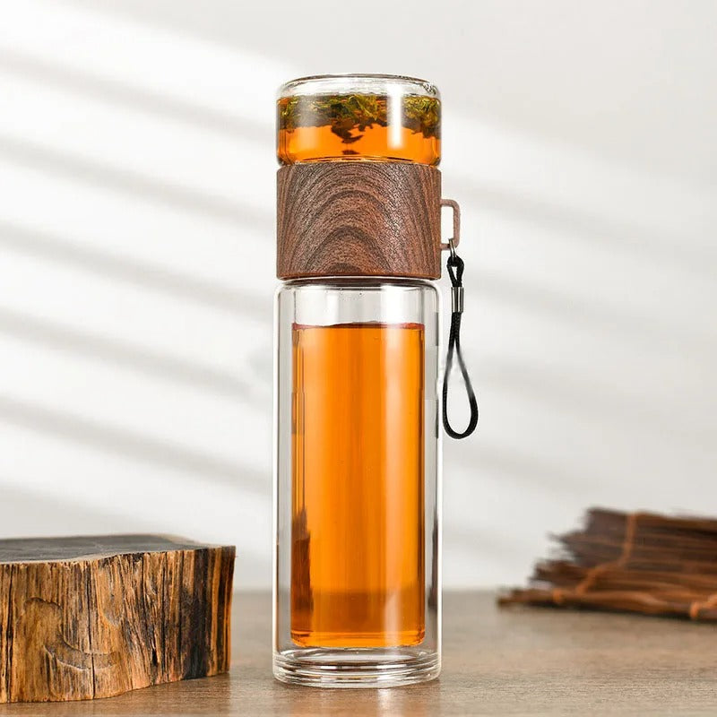 WoodGlass Thermo – Durchsichtige Tragbare Warmhaltflasche mit Teefilter für Gesunde Getränke Unterwegs
