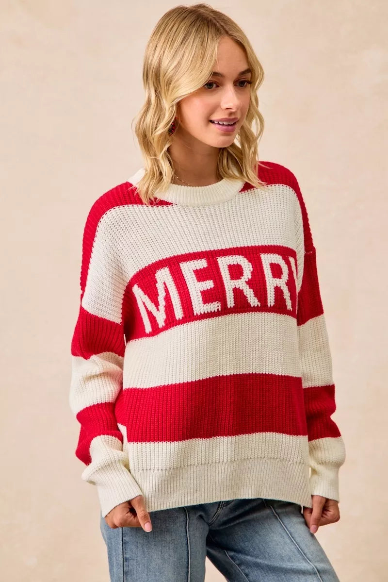Rot- und Cremegestreifter „Merry“ Strick-Weihnachtspullover