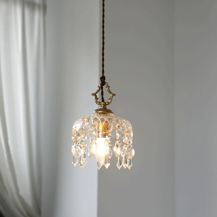 Vintage Kupfer Kristall Blumen Pendelleuchte | 1-Licht