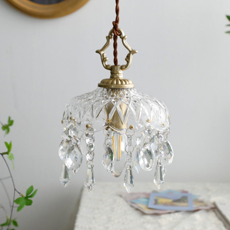 Vintage Kupfer Kristall Blumen Pendelleuchte | 1-Licht