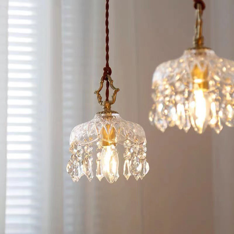 Vintage Kupfer Kristall Blumen Pendelleuchte | 1-Licht