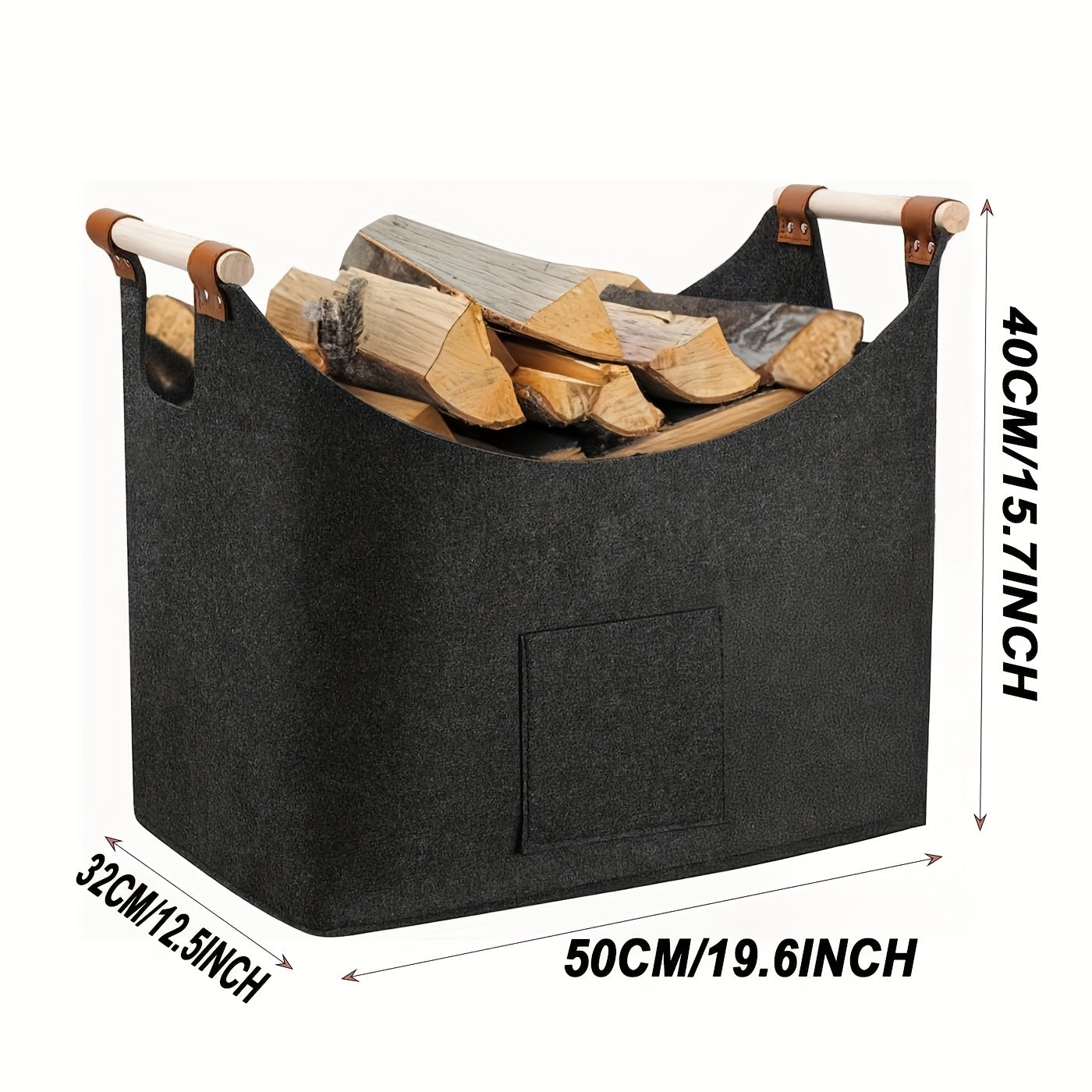 Filz-Kaminholzkorb FELDURA | Faltbar | 55L Volumen | Mit Holzgriffen & Lederdetails | Dunkelgrau
